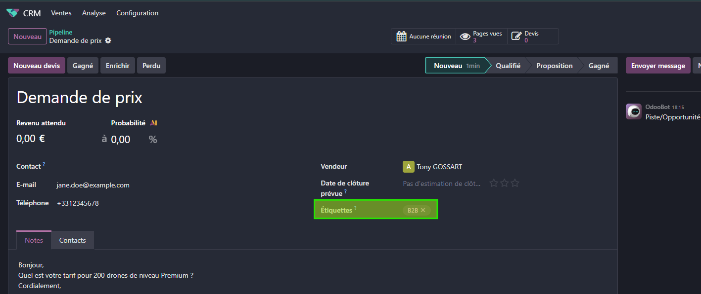 Odoo CRM opportunité étiquette
