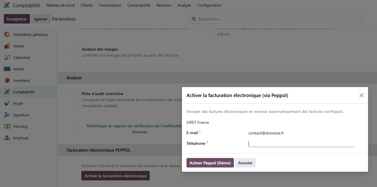 activation facturation électronique odoo