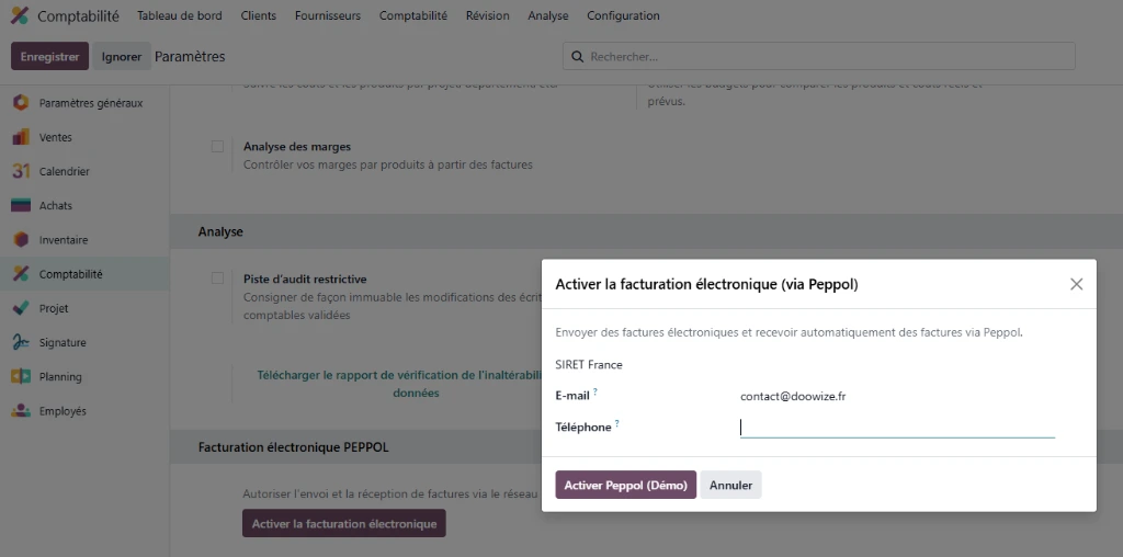 menu de paramétrage facturation électronique odoo activation facturation électronique odoo