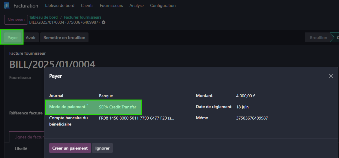 Odoo paiement facture SEPA