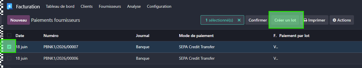 Odoo création d'un lot pour paiement SEPA