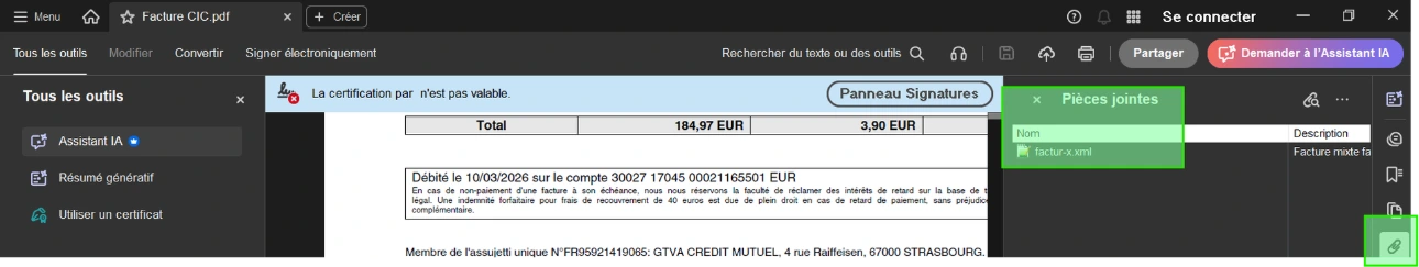 Affichage des données factur-x dans un pdf